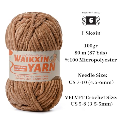 Image of (2 Light Coffee) 2 Pack Super Soft Fuzzy Chenille Chunky Yarn for Crocheting, 200g (175yds) Fluffy Velvet Yarn for Hand Knitting Baby Blankets Weaving Craft