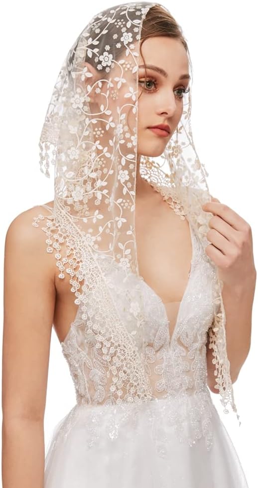 TraumhkMantilla Lace Veil Triangle Mass Veil Floral with tassels Church Veil for Mass Wedding Bridesmaids