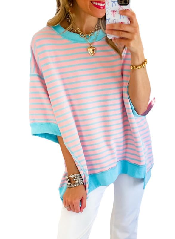 Image of SHEWIN Womens Tops Casual Short Sleeve Sweatshirt Crewneck Striped Shirt Pullover T Shirts Loose Blouses
