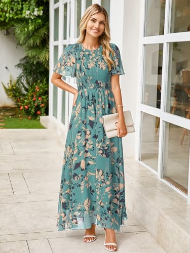 Image of Simplee Womens Casual Floral Summer Maxi Dress 2026 Boho Flowy Short Sleeve Crew Neck Vacation Smocked Chiffon Dresses