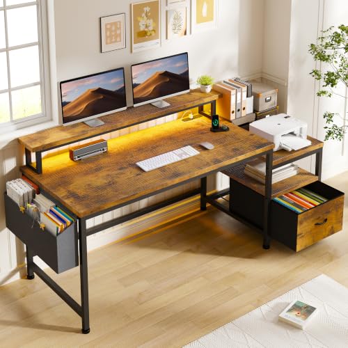 Image of EnHomee 56.5 inch Office Desk with Drawers & Printer Space for Home Work,Brown | Computer Desk with 3 AC Outlets& 2 USB Ports,40 inch*7 inch Long Monitor Stand,Side Pockets with Storage Space,Home Office,Bedroom