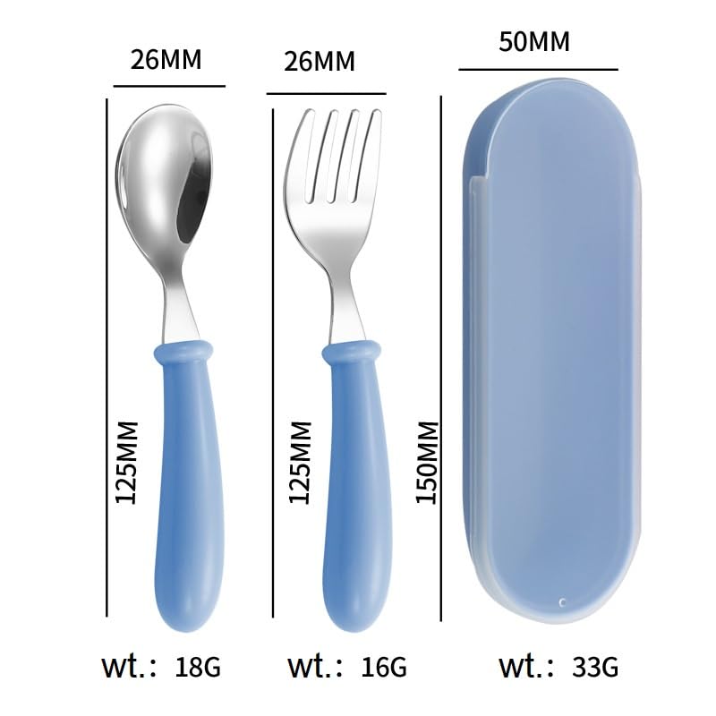Image of Portable 2-Piece Metal Cutlery Set - Spoon & Fork with Plastic Handle and Travel Box for Lunch Box, Office, School & Home (Blue)