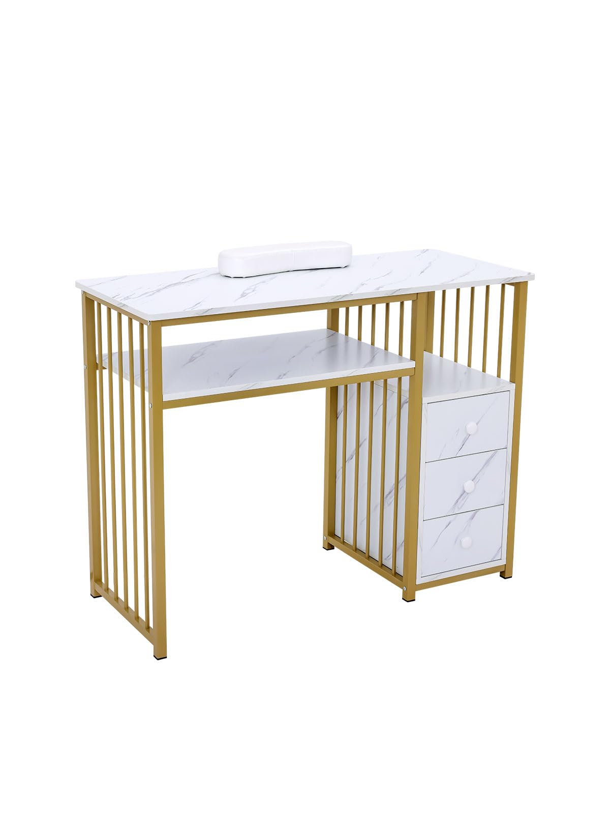 Manicure Table Nail Desk for Nail Art, Marbling Texture Nail Table Beauty Spa Salon Station, Nail Makeup Supplies Decor Workstation Acetone Resistant w/Handrest, Drawers 2-Tier Desktop