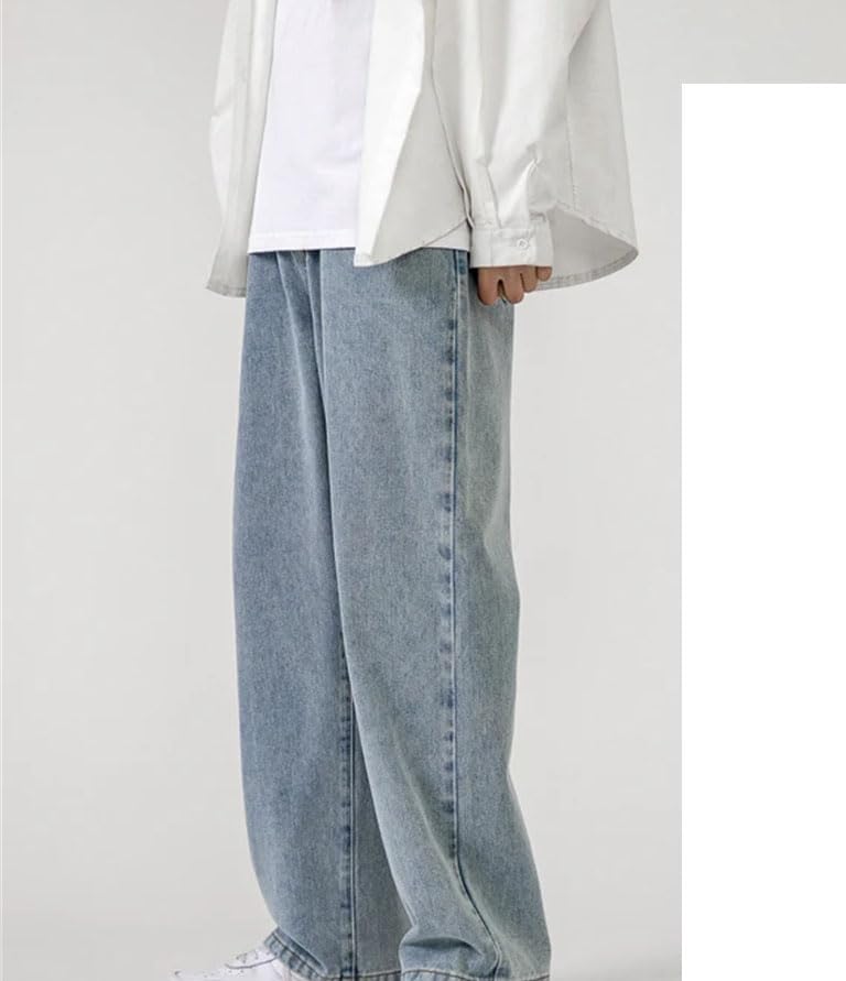 Men’S Wide Leg Korean Style Denim Jeans with Zipper Fly Mid Waist Loose Fit Solid Color Pants3