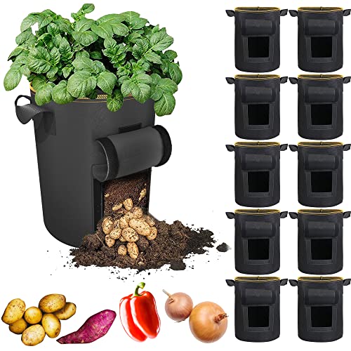 Hodiax Potato Grow Bags with Flap, Premium Double Layer Breathable Nonwoven Cloth Planter Pot with Handles and Harvest Window for Potato Tomato and Vegetables (5Gallon, 10Packs)