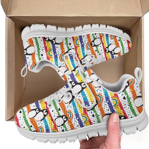 Boys Girls Sneakers Kids Breathable Lightweight Strap Tennis Athletic Running Shoes Penguin Rainbow Pattern2