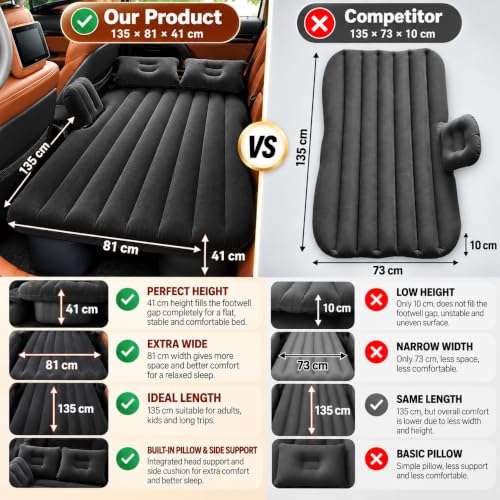 Image of Brogbus RAF Car Travel Vehicle Inflatable Cushion Mattress with Two Air Pillows, Car Air Pump and Repair Tikki for Car Travel (Black, 53.5 X 32.2 X 16.5 Inch) - Abs Plastic, King (U.K. Standard)