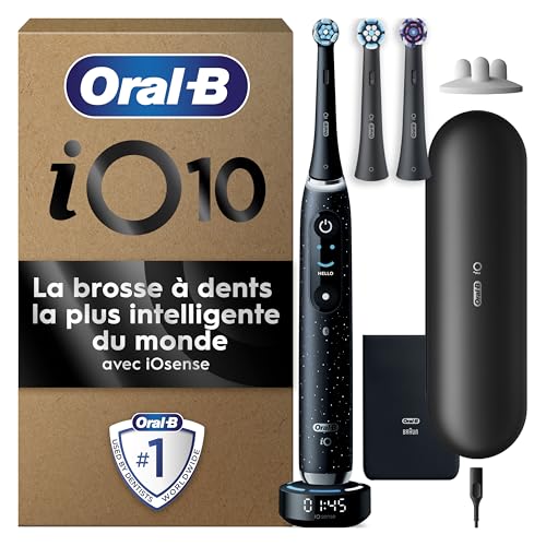 Oral-B iO Série 10 Brosse à Dents Électrique Noire, Coaching Et Contrôle De Pression, Modes Soin Des Gencives Et Douceur, 3 Brossettes Rondes De Rechange, 1 Chargeur, 1 Étui De Voyage, En Carton