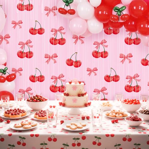 Image of Tiamon 2 Pack Cherry Party Decorations 3.3 x 6.6 Ft Foil Fringe Curtains Red Cherry and Bow Birthday Backdrop Tinsel Streamers Photo Booth for Fruit Baby Shower Birthday Party Supplies