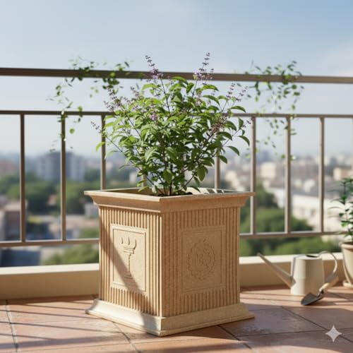 Image of Harshdeep Tulsi Pot for Home - Indoor Outdoor Balcony Terrace Garden Decorative 12 Inch Durable Lightweight UV Resistant Roto Planter (Cream Stone)