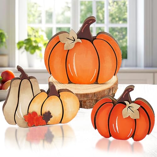 Hanroey 3 Pcs Autumn Pumpkin Decor- Fall Decorations for Home Table Decor, Wooden Pumpkin Thanksgiving Decorations for Fall Tiered Tray Decor