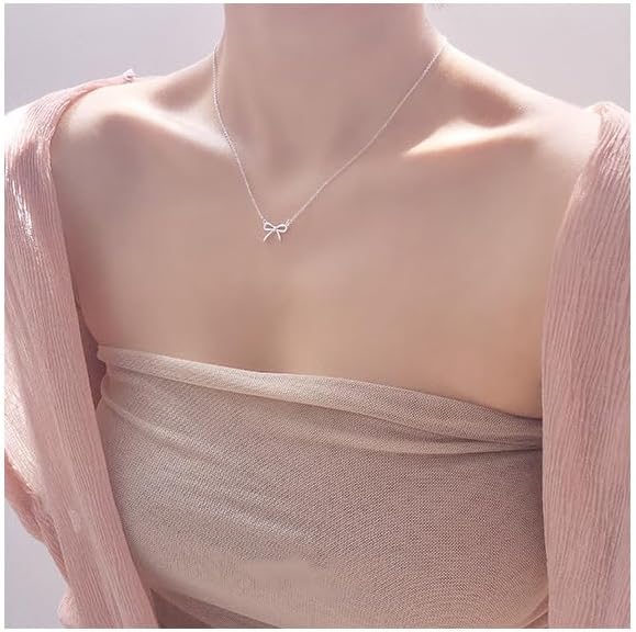 Women's Silver Bow Pendant Necklace Simple Fashion Collarbone Chain Women's Bow Jewelry - Image 3