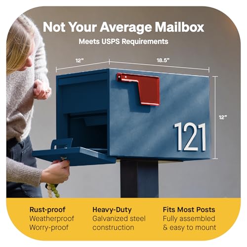 Image of Adoorn Lockable Post Mount Mailboxes for Outside - Small Anti-Theft Locking Mailbox for Packages and Letters - Weatherproof Construction - Durable Steel - 12 inch H x 12 inch W x 18.5 inch D - Navy