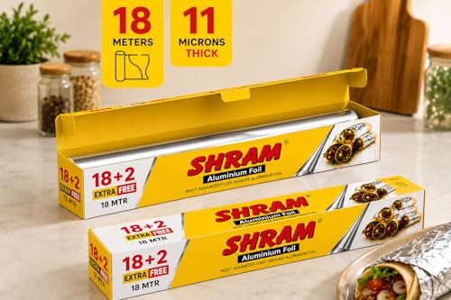 Image of Aluminium Foil 18 Meter + 2 Meter Free | 11 Micron Food Grade Kitchen Foil Roll | Safe Paper Zigzag Cutter | Multipurpose Foil for Home, Hotel & Restaurant Use | Baking, Grilling & Food Wrapping