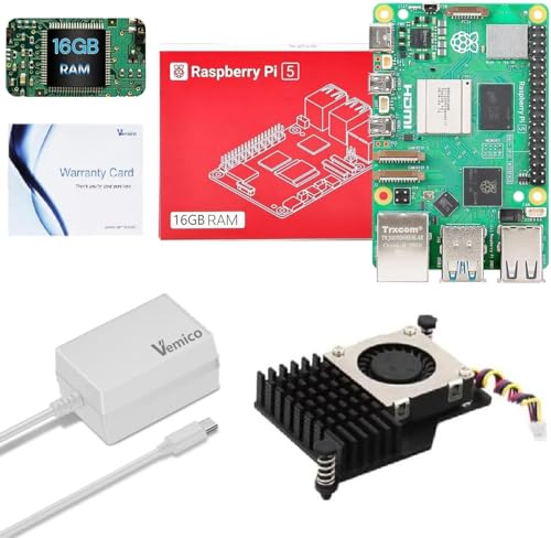Vemico Raspberry Pi 5 16GB Kit with Pi 5 16GB Single Board Active Cooler & 27W GaN 5.1V 5A Type-C Power Supply Ideal for AI/OpenClaw/IoT Projects
