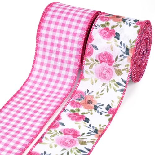 LaRibbons Floral Ribbon Wired 2 Rolls 2.5 Inch x 12 Yards TTL Flower Pink and White Plaid Spring Summer Ribbon with Rose Printed for Wreath Crafts Wrapping Bow
