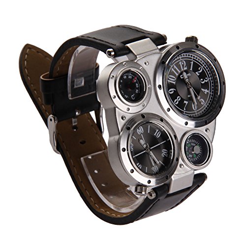 Image of Men OULM Military Army Dual Time Zones Big Dial Leather Sports Watch Black