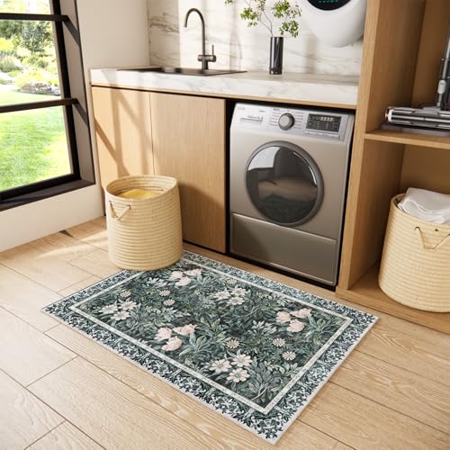 Image of Washable Entry Vintage Floral with Ornate Border Rug 2x3 - Front Door Rugs Indoor, Non-Slip Bathroom Small Rugs, Vintage Floral Style Rug for Kitchen, Perfect for Entryway Decor