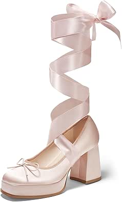 Amazon.com | Coutgo Womens Lace Up Heels Platform Chunky High Heel Pumps Bow Closed Square Toe Party Ballet Dress Shoes, Pink, Size 9 | Pumps