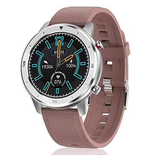 Popglory Smartwatch, full-touchscreen, IP68, waterdichte fitnesstracker met stappenteller, bloeddrukmeter, hartslagmeter, slaapmonitor, stopwatch, compatibel met Android en iOS (zilverbruin)