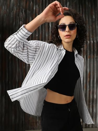 Image of High Star Women Cotton Striped Oversized Fit Collar Full Sleeves Shirts