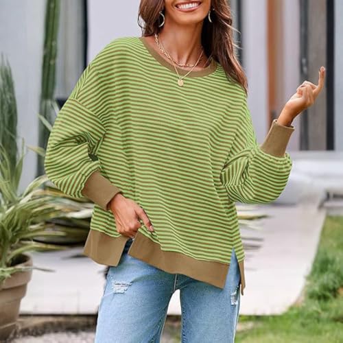 Womens Striped Long Sleeve Shirt Crewneck Split Oversized Fall Sweatshirt - image 3