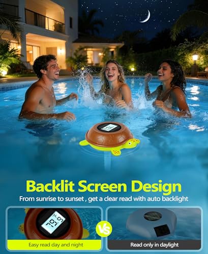 PoolLeader 2026 Solar Digital Pool Thermometer with Rope | Backlit LCD Display for Easy Read at Night | ±0.5℉ High Accuracy, 10s Fast Response | Turtle Pool Temperature Thermometer for Hot Tub, Spa