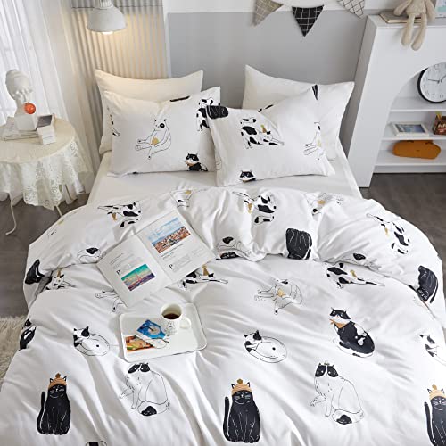 Ivellow Queen Duvet Cover Set 100% Cotton Animal Cat Printed White Duvet Cover Cute Bedding Set 3Pcs Ultra Soft Breathable Kids Duvet Cover Patterned Cartoon Comforter Cover Boys Girls Toddler Teen #TOP1