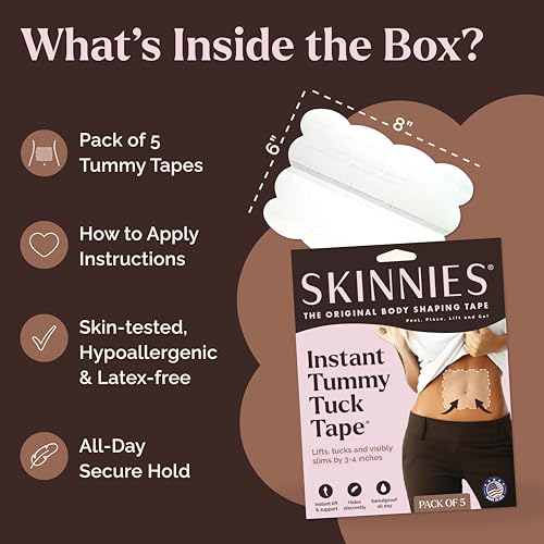 Image of Skinnies Instant Lifts Tummy Tuck Tape - Patented & Made in USA - Slim Belly 3-4 Inches Instantly - Clear No-Pinch Adhesive Strips, Sweatproof and All-Day Wear Body Tape for Women - 5 Pack