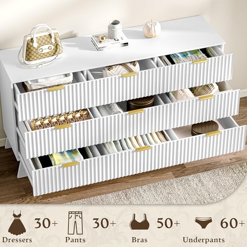 Image of Fluted Dresser for Bedroom with 9 Drawers, 57 inch White Dressers & Chest of Drawers, Mid Century Modern Dressers TV Stand, Boho Wood Dresser for Closet Wide Storage Organizer for Living Room, Hallway