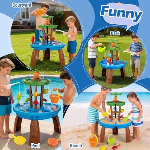 VROGTIK Wassertisch für Kinder, Mehrstöckiger Sand- und Wassertisch mit Angelspiel & Meerestier-Zubehör, Wasserspieltisch für Kleinkinder 3-12 Jahre, Outdoor Wasserspielzeug für Garten Terrasse