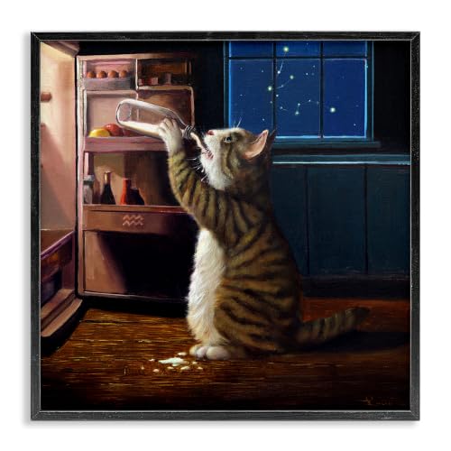 'Midnight Snack Cat Drinking Milk Kitchen'| Framed Giclee Art