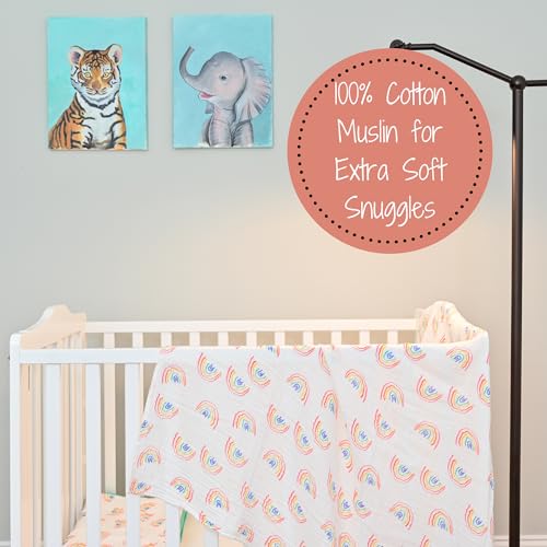 Image of LollyBanks Baby Blankets 2 Pack, 100% Organic Cotton Muslin Swaddle Blankets for Boys and Girls, Soft and Breathable 47 x 47 Inches Newborn Receiving Blanket, Baby Registry (Rainbow and Colorful Wave)