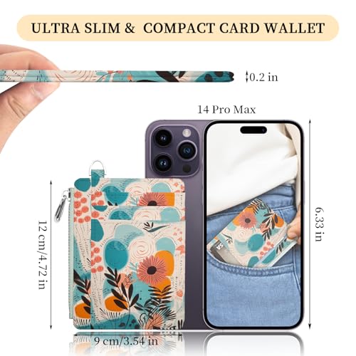 Image of Hancynir Slim Wallet Women Credit Card Holder Abstract Flower Floral RFID Small Mini Card Case Front Pocket PU Leather Thin Travel Zipper Coin Cash ID Window Ladies Female Wallet Gifts