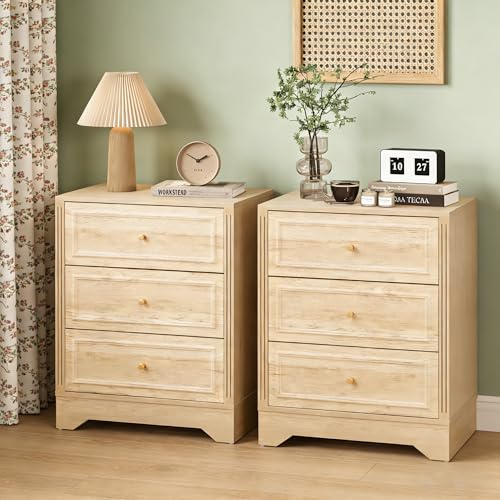 LEVNARY Nightstand Set of 2, Wooden 3-Drawer Bedside Table with