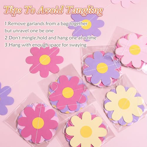 Image of Pasimy 8 Pcs Daisy Boho Party Decorations Groovy Daisy Paper Garlands White Flower Hanging Garland Banner Hippie Flower Cutouts for Birthday Shower Wedding Party Favor Supplies (Fresh,Pastel Pink)