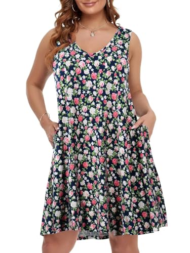 Image of BELAROI Women Casual Summer Beach Dresses Plus Size Sundress V Neck Pockets Swing Tank Dress Cover Ups