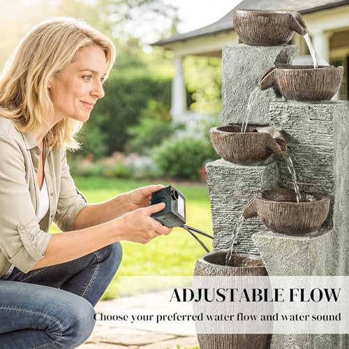 Outsunny Outdoor Cascading Rock Water Fountain, 5-Tier Waterfall Feature with LED Lights and Adjustable Flow, Garden Fountain for Patio, Backyard, Grey and Rustic Brown - 4