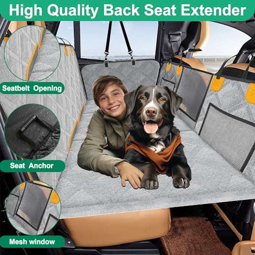 Loiion Hundedecke Auto Rückbank Fester Boden, Rücksitzverbreiterung Hund, Autohängematte für Hunde mit Harter Unterseite, Sturzprävention Wasserdicht Hundematte Auto für Meisten Autos SUV LKW, Grau