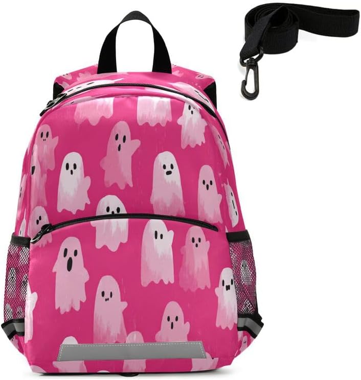 QUGRL Pink Ghosts Halloween Toddler Backpack for Boys Girls Kids School Backpack with Chest Strap Leash Preschool Schoolbag Nursery Kindergarten Bag for Daycare Travel Hiking School