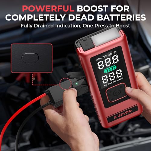 Image of S ZEVZO Car Jump Starter with Air Compressor, 6000A 150PSI Jump Box Battery Pack(6.0 Gas /4.0L Diesel), Portable 12V Jump Box with Auto-Shutoff Tire Inflator, USB Ports, LCD Display & LED Light