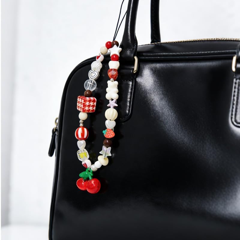 5 PCS Beaded Phone Charms, Cherry Strawberry Pearl Design Wrist Strap image 4