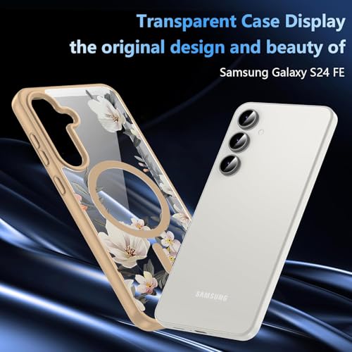Image of VONZEE Compatible with Samsung S24 FE 5G Case Luxury Retro Flowers Floral Clear for Magnetic Wireless Charging Case Shockproof Case PC+TPU Cute Glossy Shiny Cover for Girls Women|Desert Titanium
