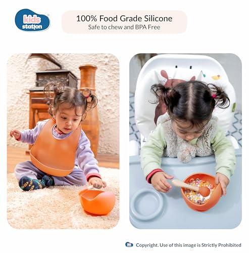 Image of Kids Station Solid Easy to Carry Silicone Baby Feeding Set - Bowl - Spoon - Make Mealtime Fun And Easy - Tableware Meal Utensils For Kids With Suction - Baby Feeding Product (Set of 3, Orange)