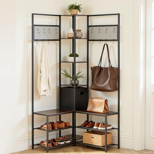 VEVOR Meuble d'Entrée 180 cm, Porte Manteaux avec Étagère à Chaussures et Crochets, pour Couloir Chambre Dressing, Vestiaire d'Angle Autoportant, avec...