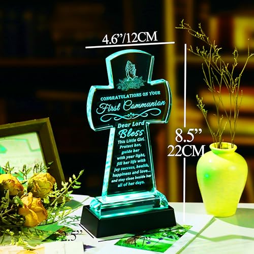 Image of Qianwei First Communion Gifts for Girls Boys, Crystal Cross Gift 3D Engraving Crystal Praying Girl Figurine First 1st Communion Veil Decoration, Baptism Gifts for Girls Catholic