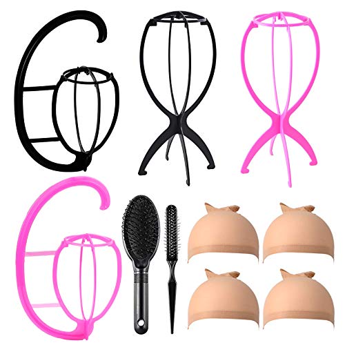 Wig Stand Wig Hanger with Wig Brush Comb, 4 Pack Portable Collapsible Wig Stand Wig Dryer Holder for Wigs Display and 2 Pcs Professional Wig Comb for Synthetic Wigs (Black+Pink)