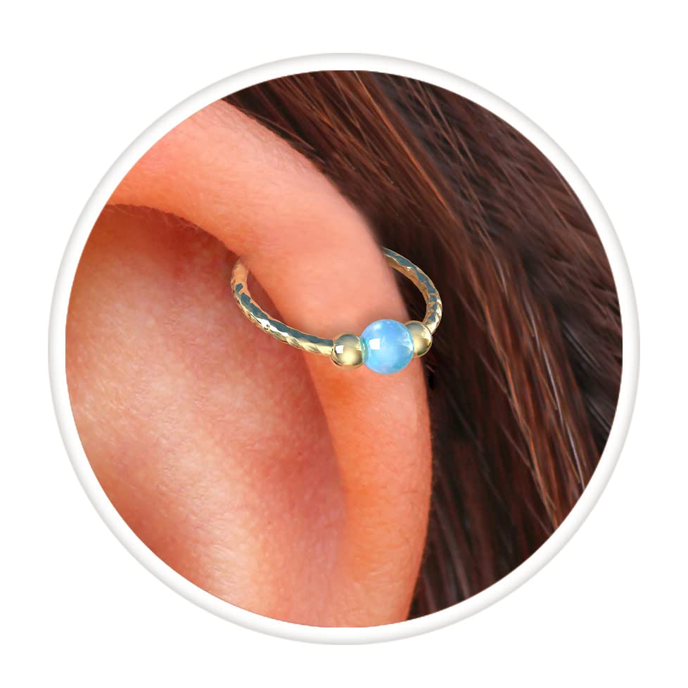 Gold Cartilage Piercing - Blue 3 mm Opal Helix Hoop - 14K Gold Filled 20g Opal Cartilage Hoop Earring For Woman