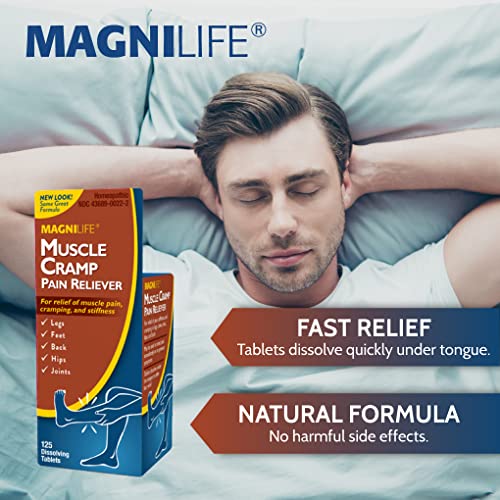 Image of MagniLife Muscle Cramp Pain Relief Quick-Dissolve Tablets, 125 Count, Quinine-Free Homeopathic Medicine for Leg, Foot, Hip, Joint & Back Pain Relief, Helps Ease Muscle Ache, Cramping & Stiffness