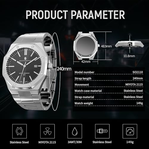 Image of Sapphero Watches for Men Waterproof Luminous Watches with Date Dial Chronograph Analog Quartz Movement Steel Stainless Business Wrist Watches Mens Gifts
